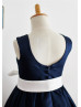 Navy Blue Ivory Satin Stripes Knee Length Flower Girl Dress